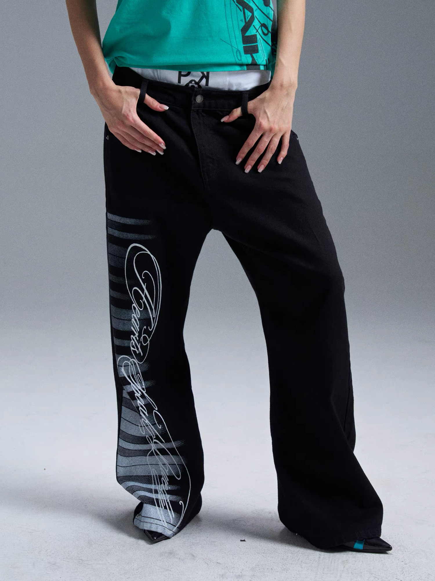 PAIKI Piano Key Script Foil Flared Jeans-Jeans-S / 31"-Black (Preorder)-Free Shipping Leatheretro