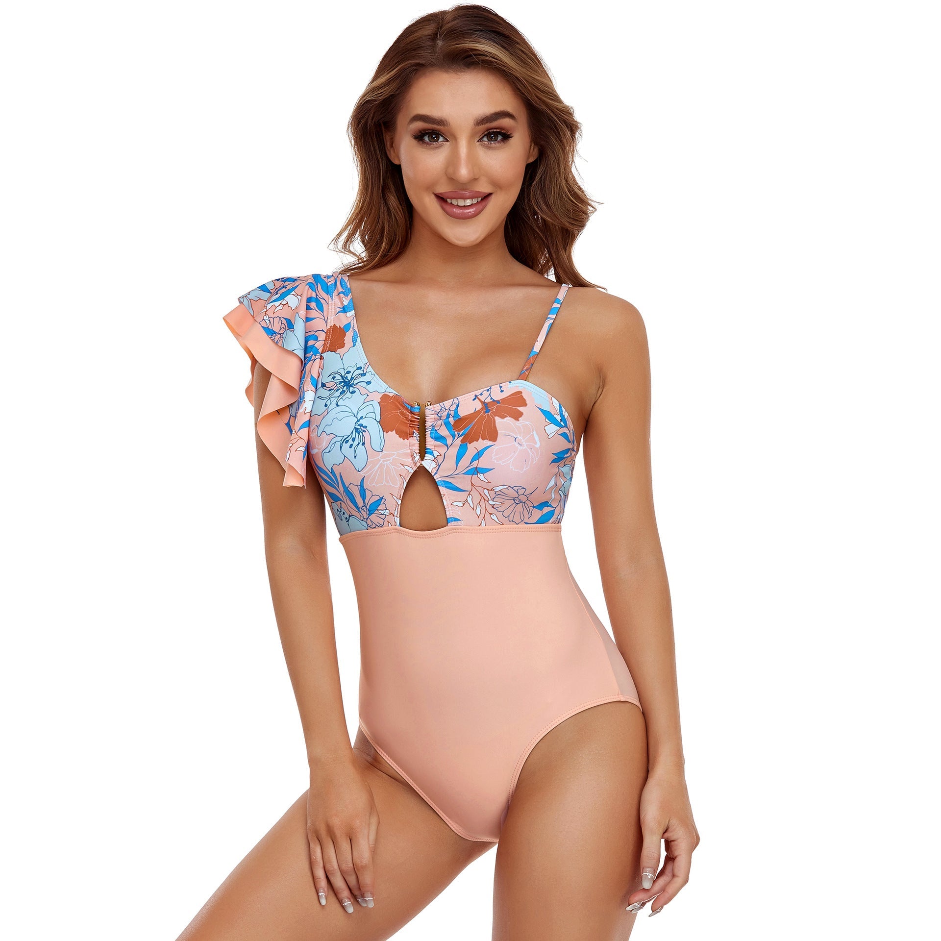 Sexy One Shoulder One Piece Women Swimsuit-Swimwear-Pink-S-Free Shipping Leatheretro