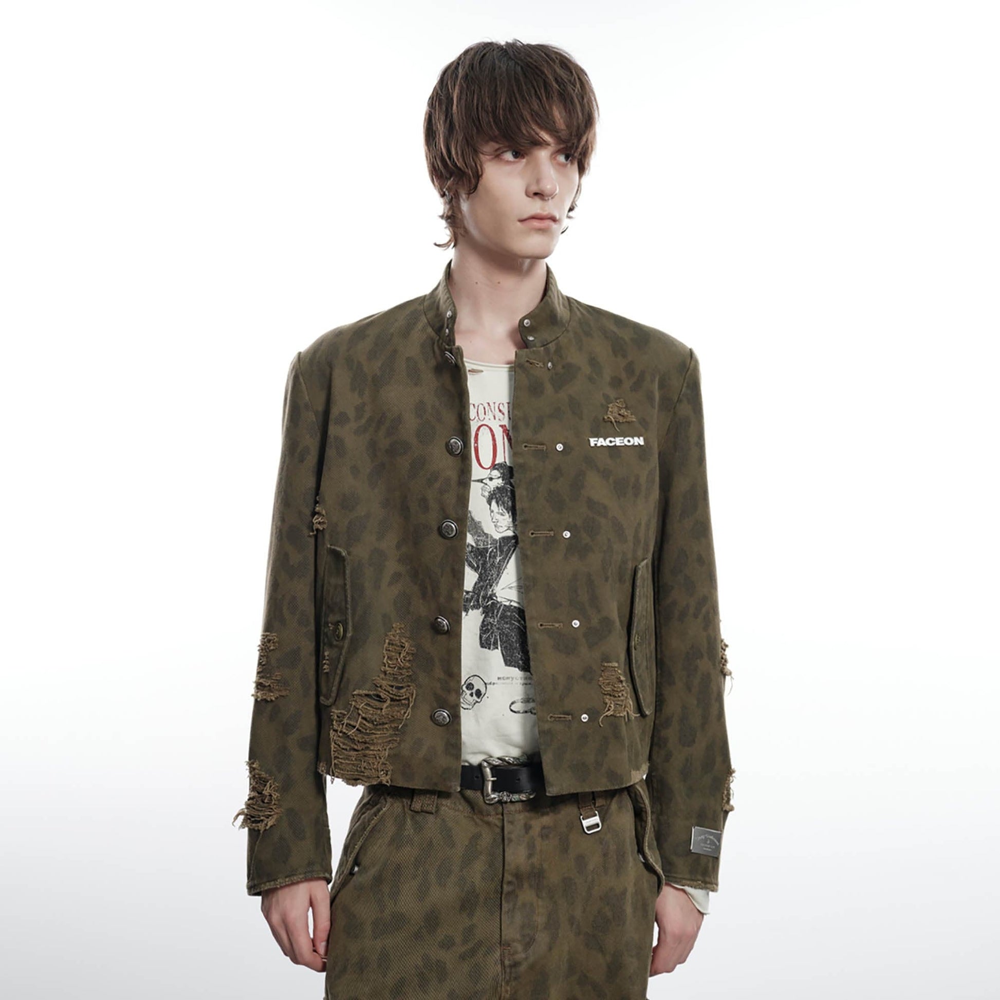 FACEONLAB Camo Leopard Ripped Stand Collar Jacket-Jacket-M-Free Shipping Leatheretro