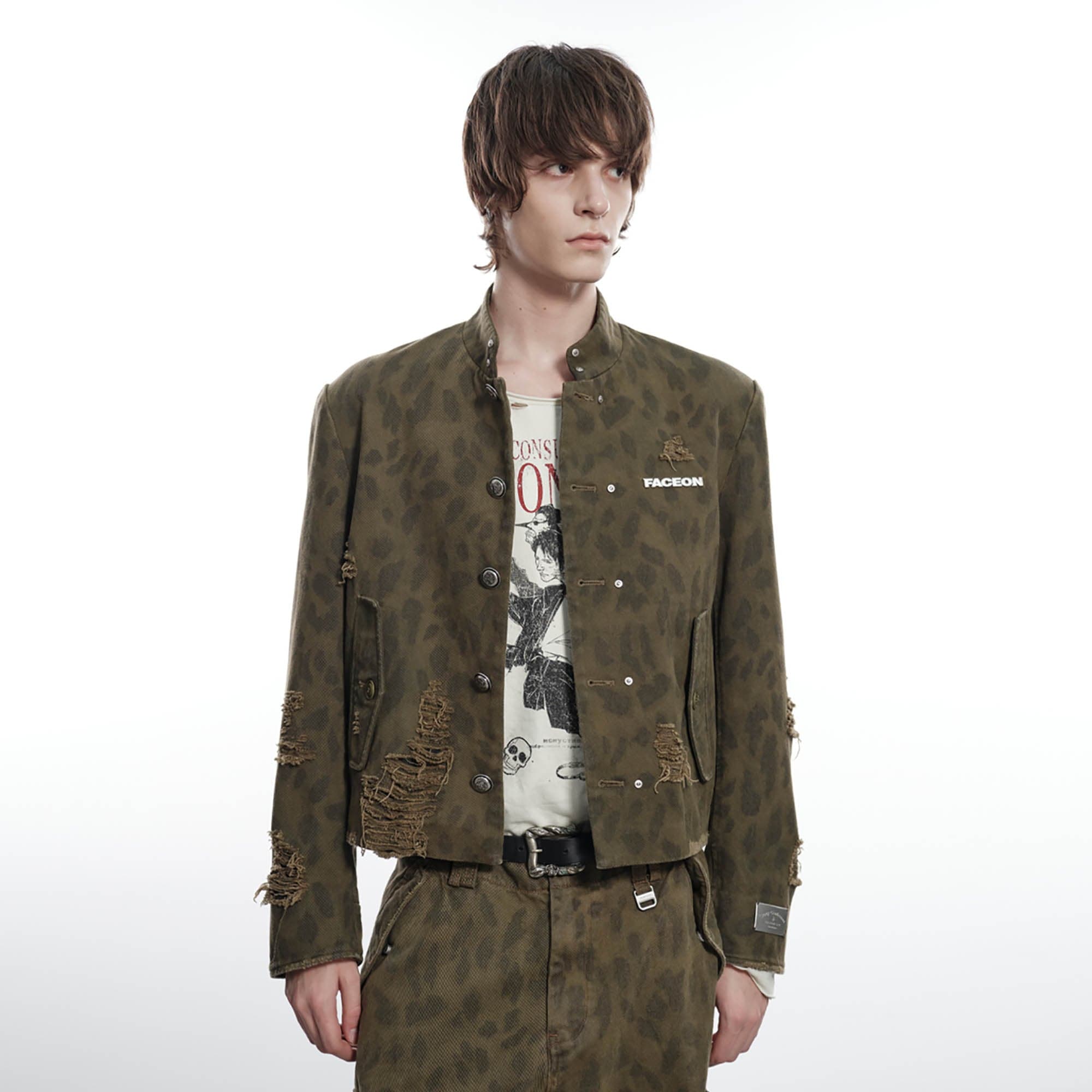 FACEONLAB Camo Leopard Ripped Stand Collar Jacket-Jacket-M-Free Shipping Leatheretro