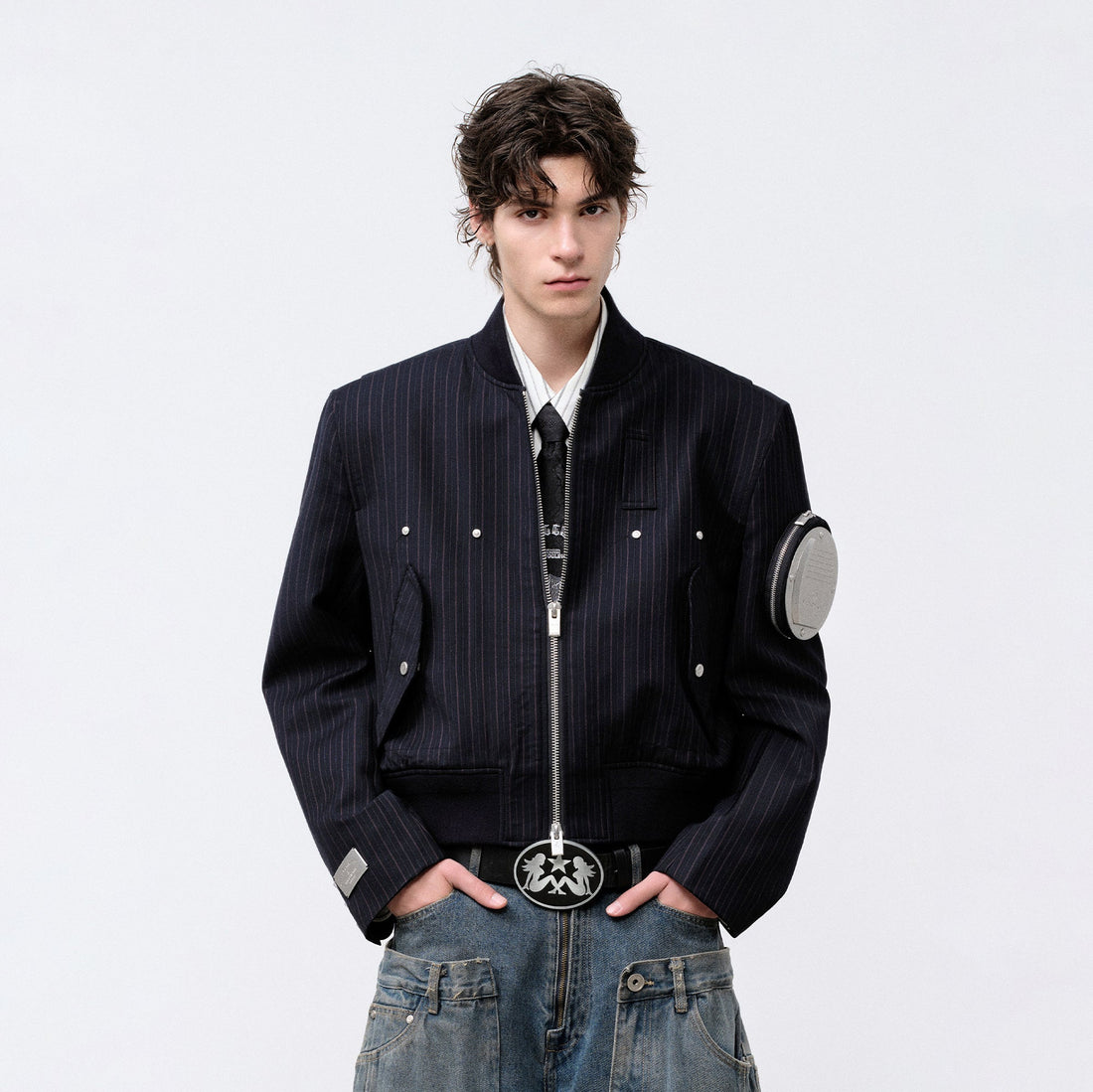 FACEONLAB Arm-Patched Bomber Jacket Navy-Jacket-M (Preorder)-Free Shipping Leatheretro