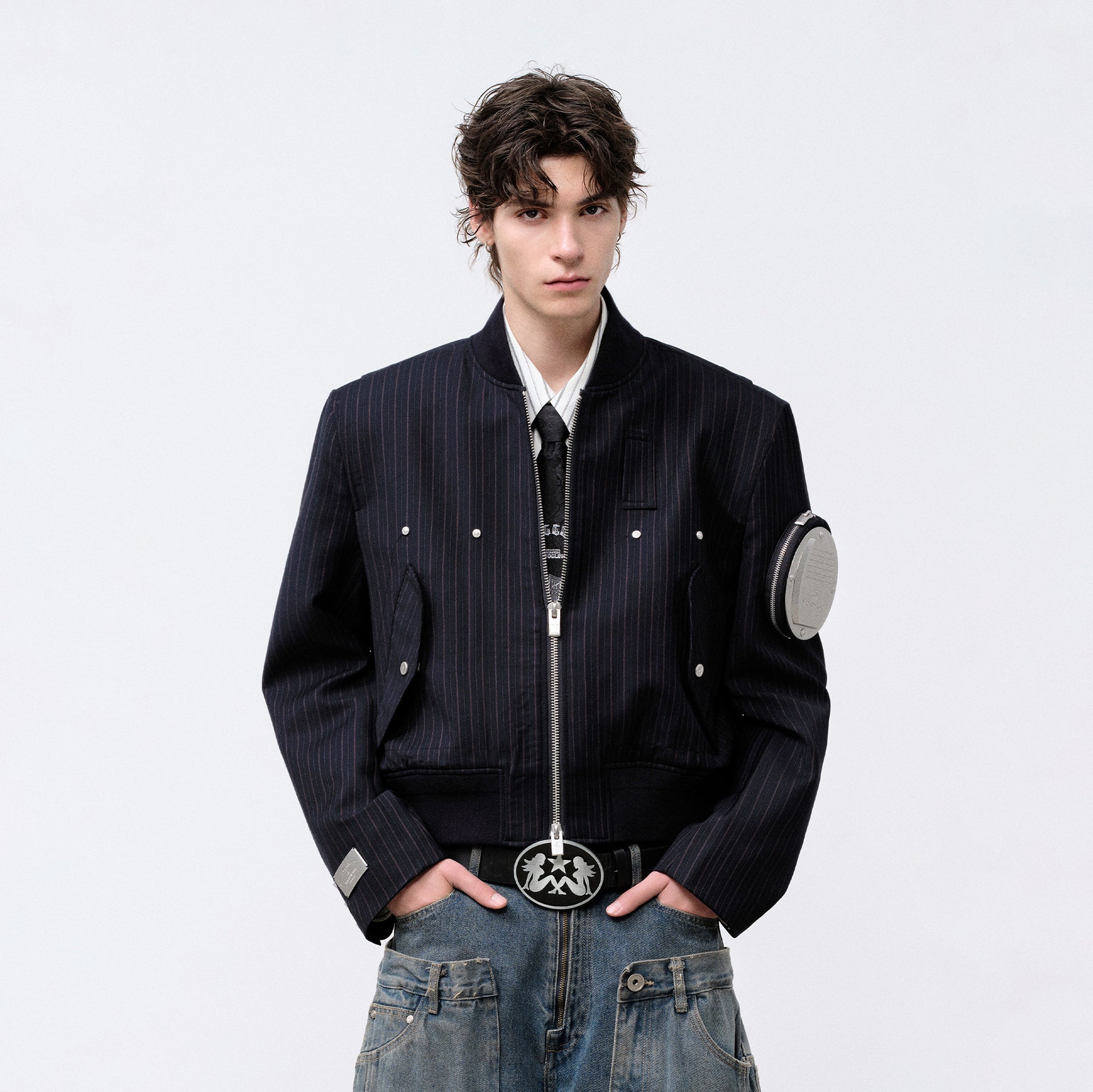 FACEONLAB Arm-Patched Bomber Jacket Navy-Jacket-M (Preorder)-Free Shipping Leatheretro