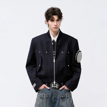 FACEONLAB Arm-Patched Bomber Jacket Navy-Jacket-M (Preorder)-Free Shipping Leatheretro