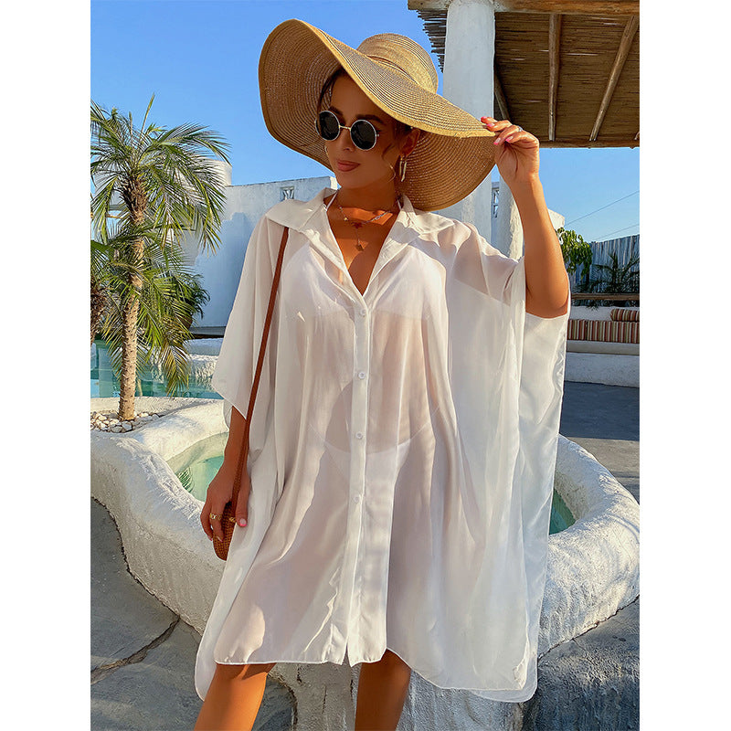 Summer Leisure Shirts Bikini Beach Cover Ups-Swimwear-White-S-Free Shipping Leatheretro