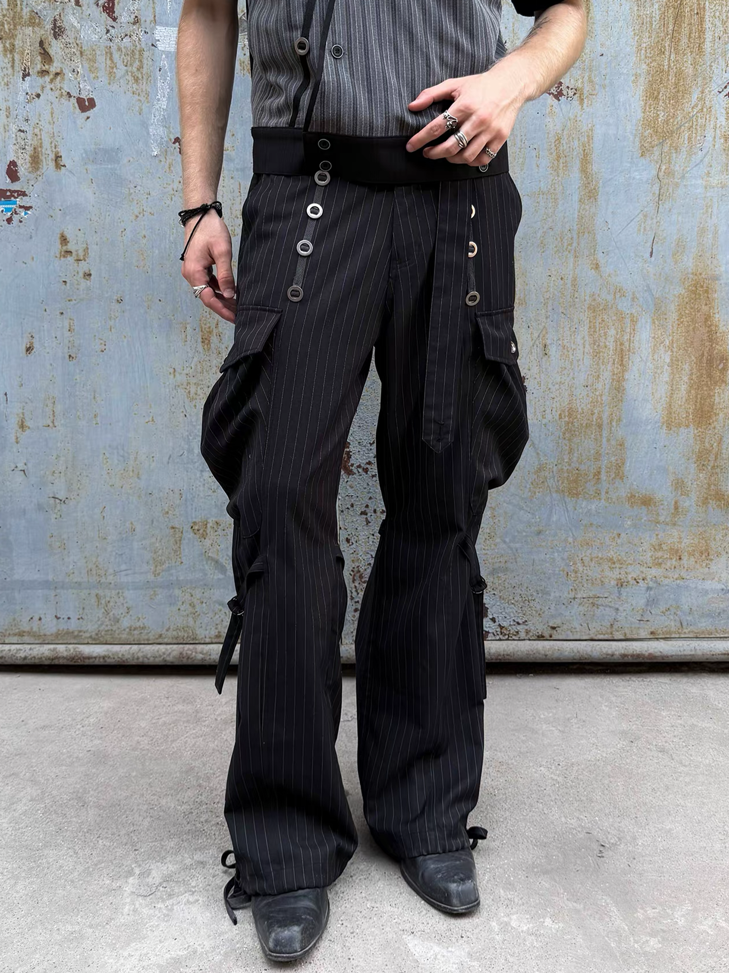 ESAIAS Pinstripe Grommet Belted Trousers-Pants-S / 29" (Preorder)-Free Shipping Leatheretro