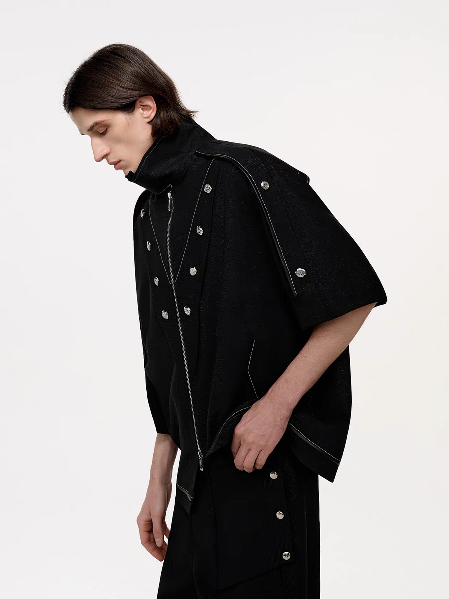 TIWILLTANG Studded Trim Zip-Up Half Shirt-T Shirt-S-Free Shipping Leatheretro