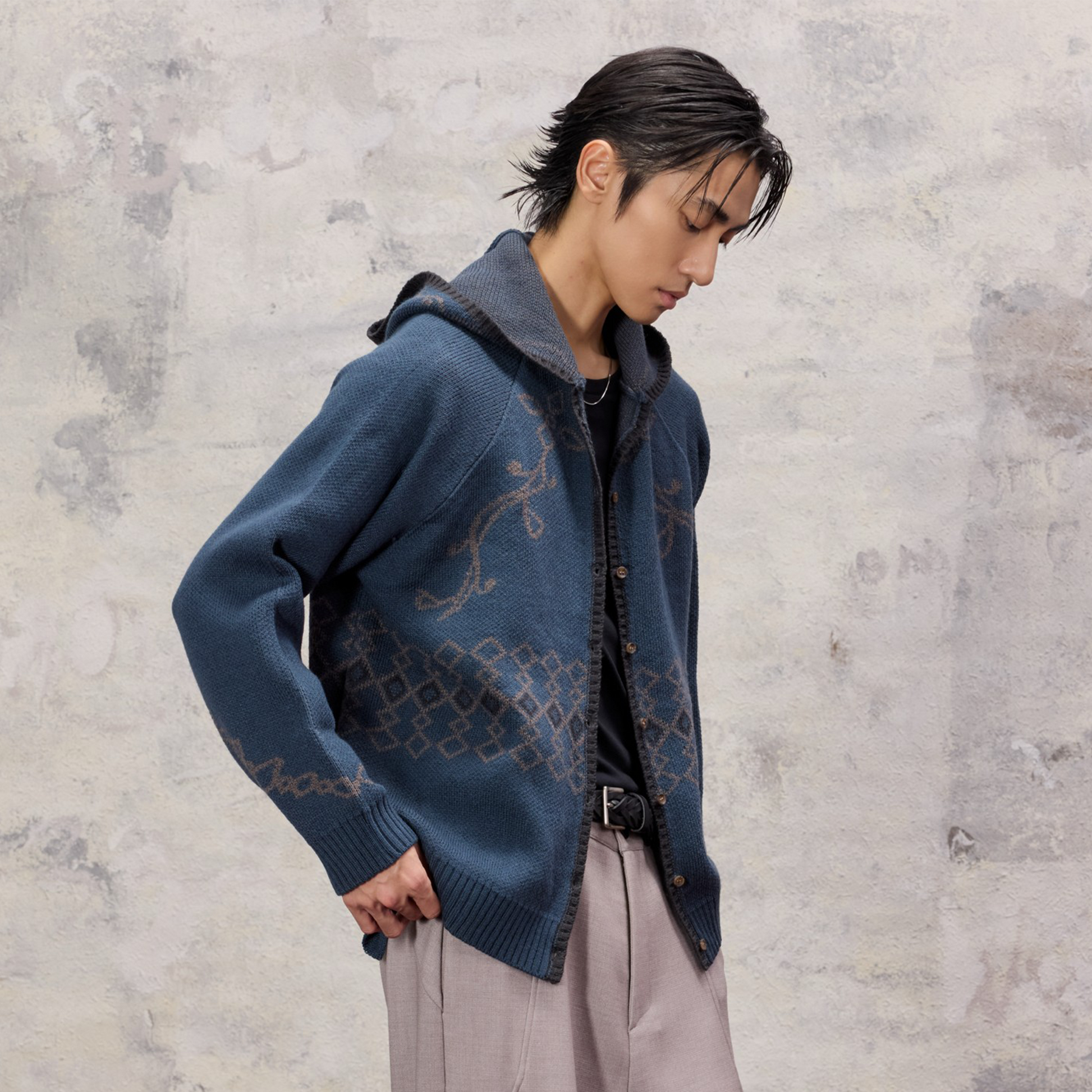 ALVNG AR ANTS Jacquard Floral Wool-Blend Hooded Cardigan-Jacket-S-Dark Blue (Preorder)-Free Shipping Leatheretro