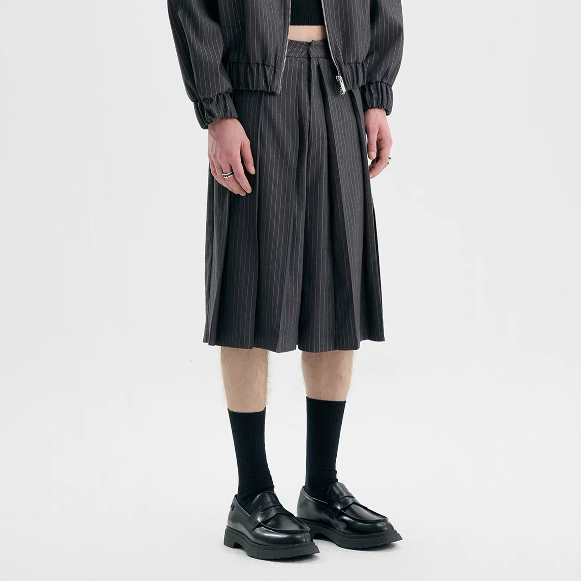 TIWILLTANG Pleated Pinstripe Skirt Shorts-Shorts-S-Black-Free Shipping Leatheretro