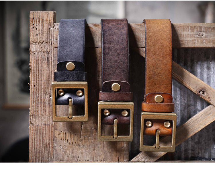 Vintage Men's Genuine Leather Belt Handmade Needle Buckle with Pure Copper Buckle Belt-Leather Belt-Dark Coffee-105cm-Free Shipping Leatheretro