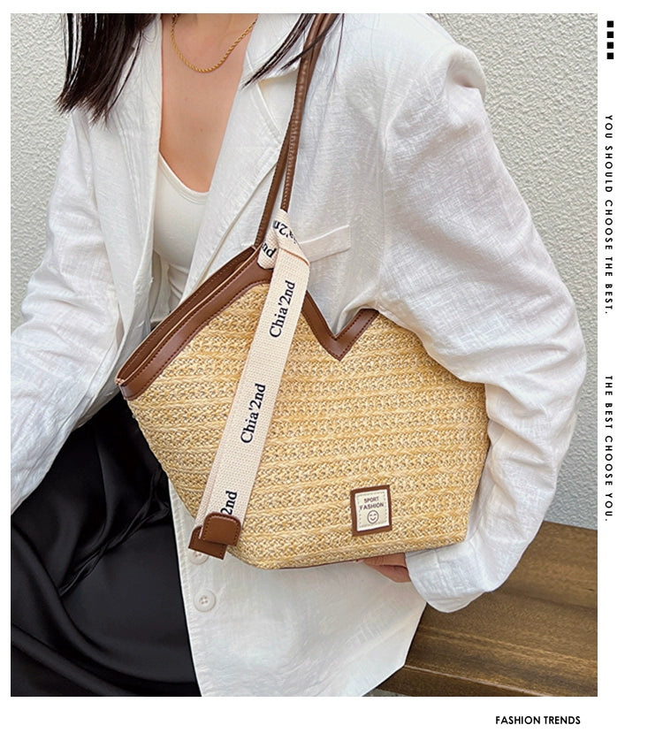 Large Capacity Tote Bag – Vintage Straw Woven Handbag-White with brown.-Free Shipping Leatheretro