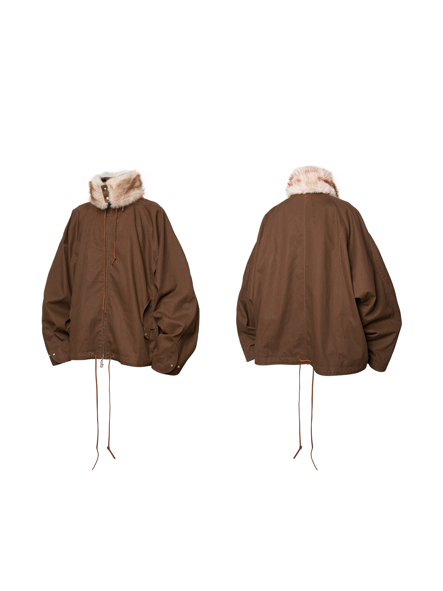 RELABEL Detachable Faux Fur Collar Two-Tone Batwing Sleeve Jacket-Brown-XS-Free Shipping Leatheretro