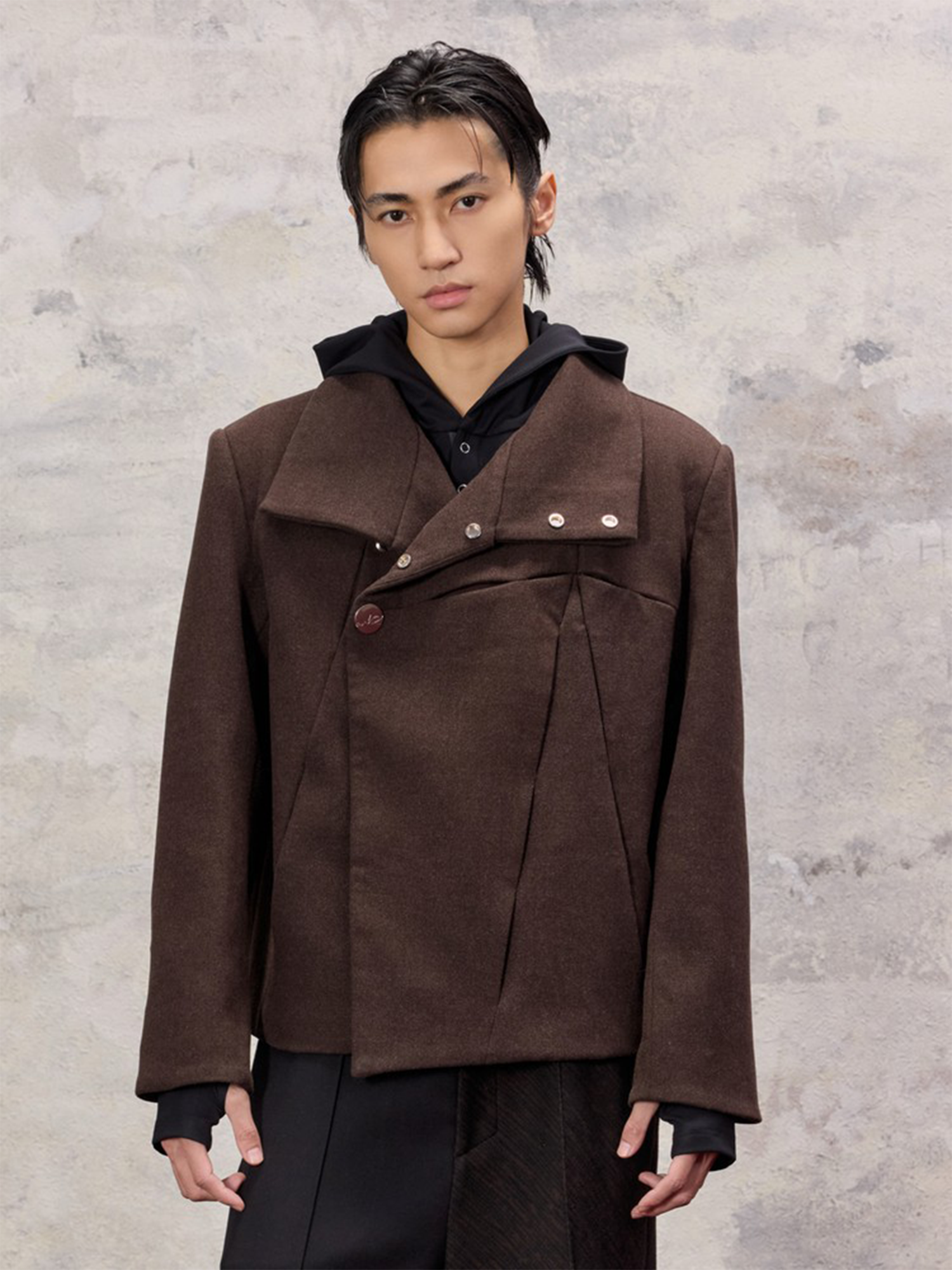 ALVNG AR ANTS Asymmetrical Wool-Blend High-Neck Jacket-Jacket-S (Preorder)-Free Shipping Leatheretro