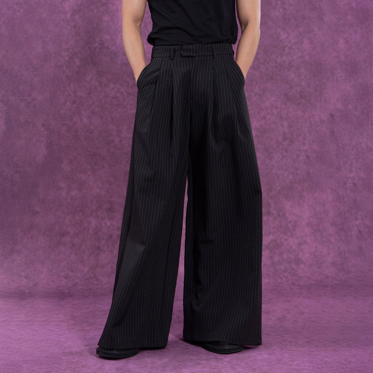 CLP Black Striped Relaxed-Fit Pants with Elastic Waist-Black-S-Free Shipping Leatheretro