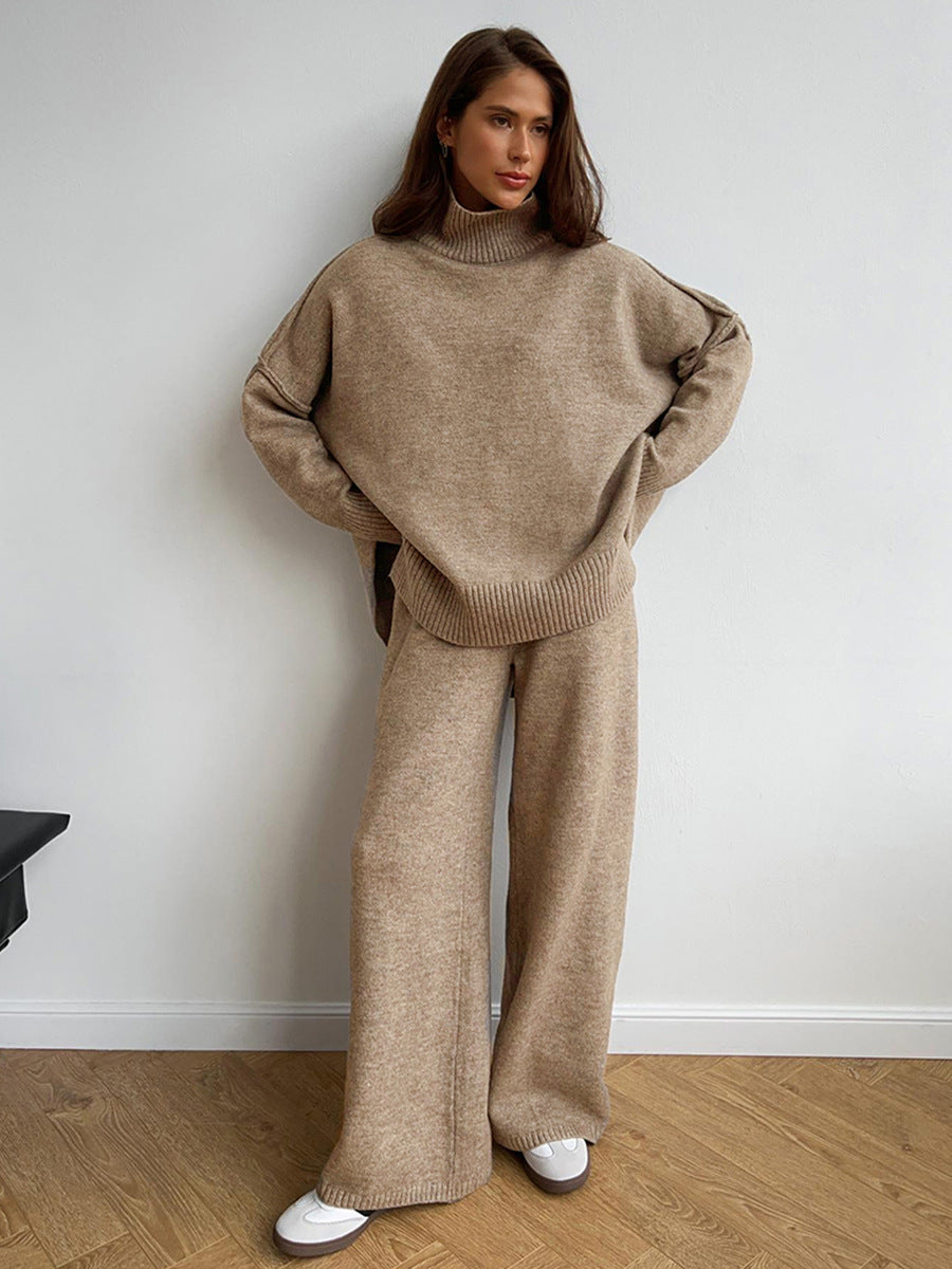 Casual High Neck Pullover Sweaters & Knitted Pants-Suits-Camel-S-Free Shipping Leatheretro