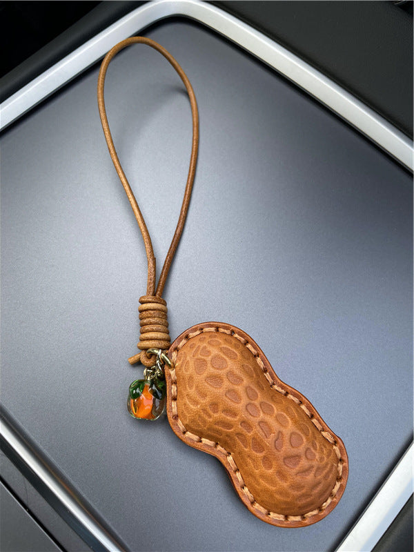 Handmade Genuine Leather Peanut Design Car Rearview Mirror Keychain-Chains-Brown-Free Shipping Leatheretro