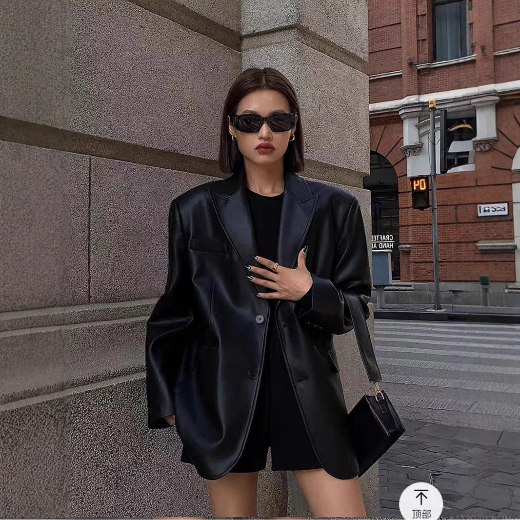 Women's Faux Leather Blazer – Oversized Casual Jacket-black-S-Free Shipping Leatheretro