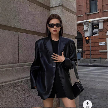 Women's Faux Leather Blazer – Oversized Casual Jacket-black-S-Free Shipping Leatheretro