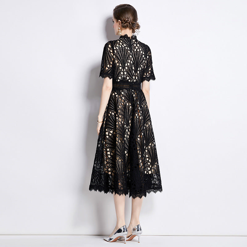 Elegant Round Neck Summer Midi Length Lace Dresses-Dresses-Black-2XL-Free Shipping Leatheretro