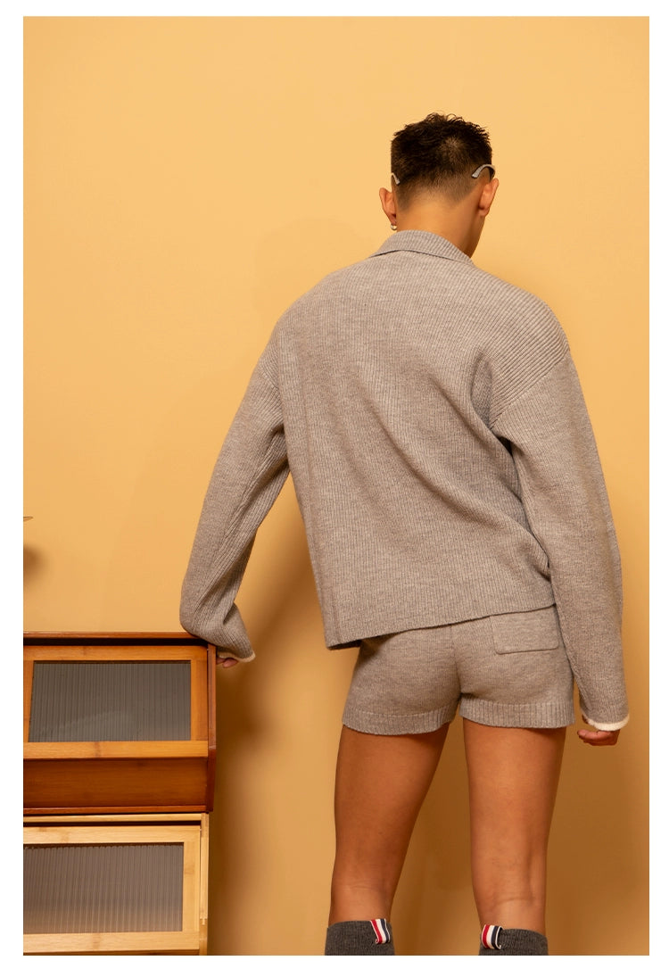 CLP Unisex Ash Black Navy Collar Knit Sweater-Gray-S-Free Shipping Leatheretro