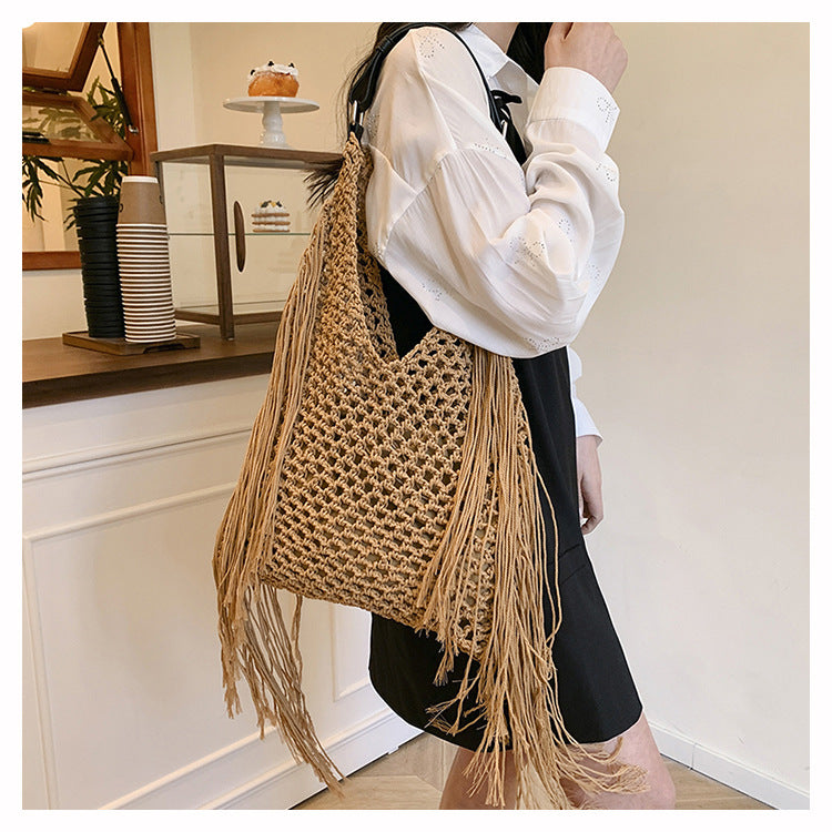 Retro Fringe Handwoven Crochet Tote Bag-Black-Free Shipping Leatheretro