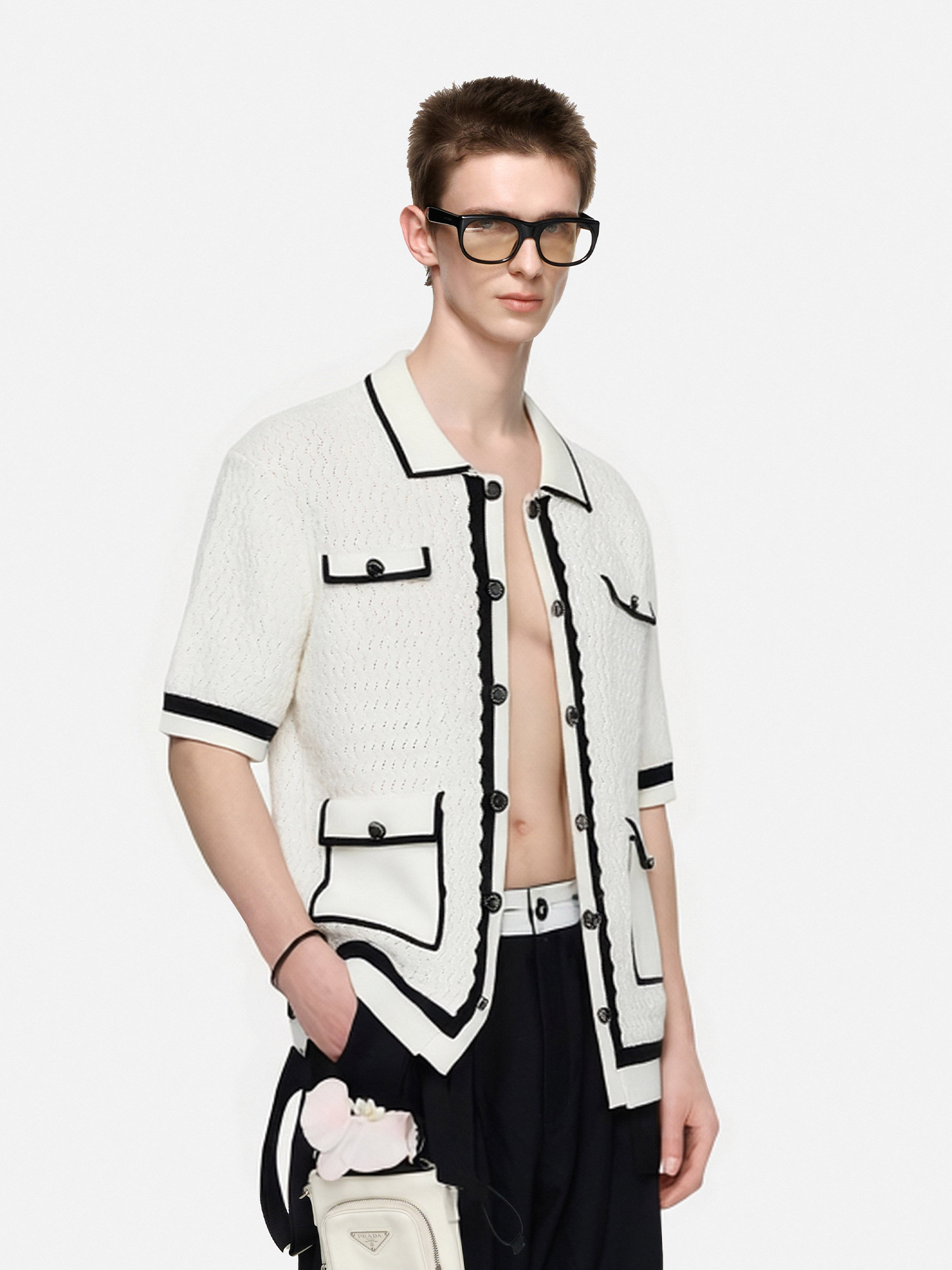 TIWILLTANG Contrast Trim Knitted Half Shirt-Half shirt-S-Black-Free Shipping Leatheretro