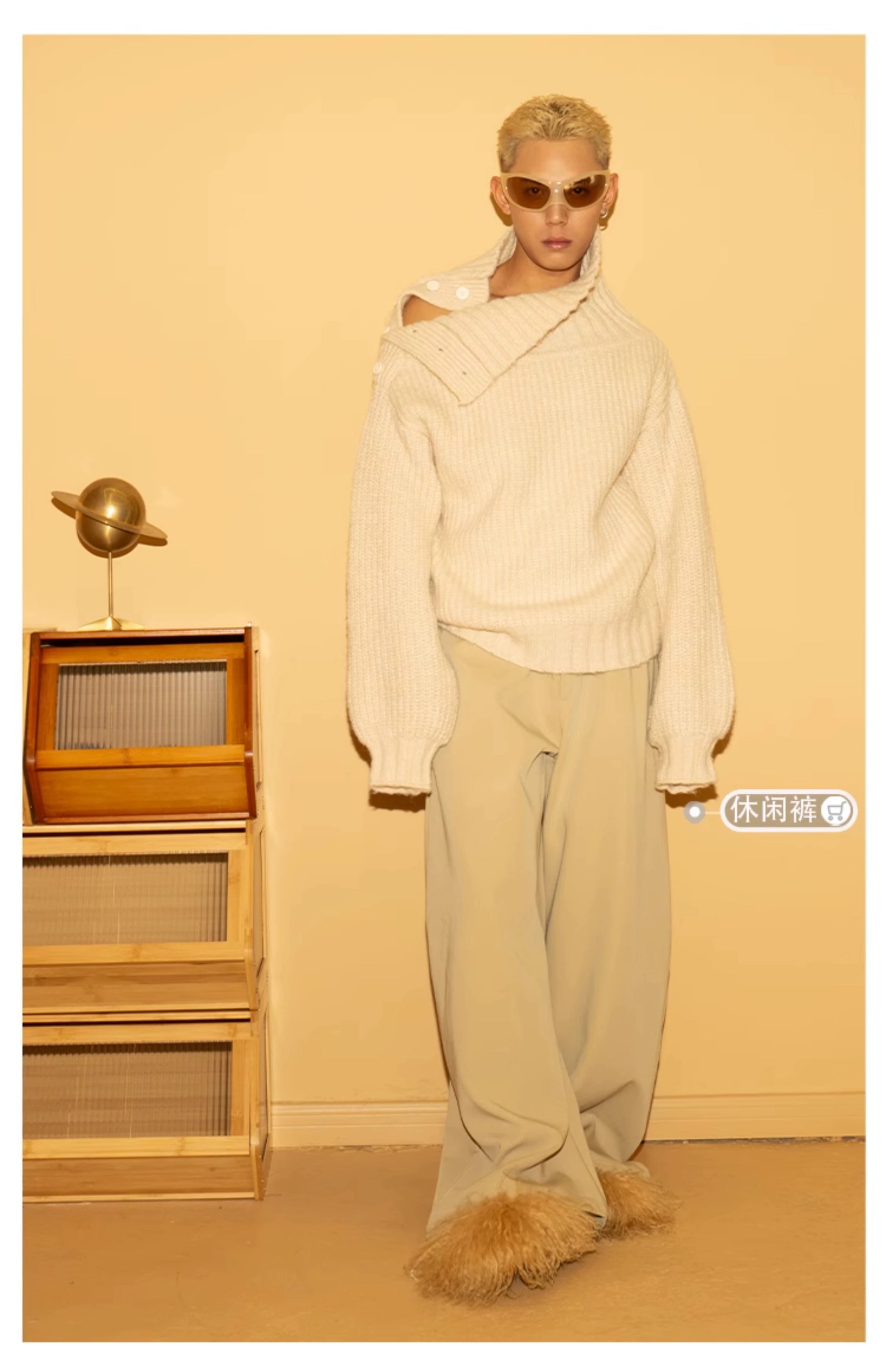 CLP Men's Apricot Cable-Knit Turtleneck Sweater-Apricot-S-Free Shipping Leatheretro