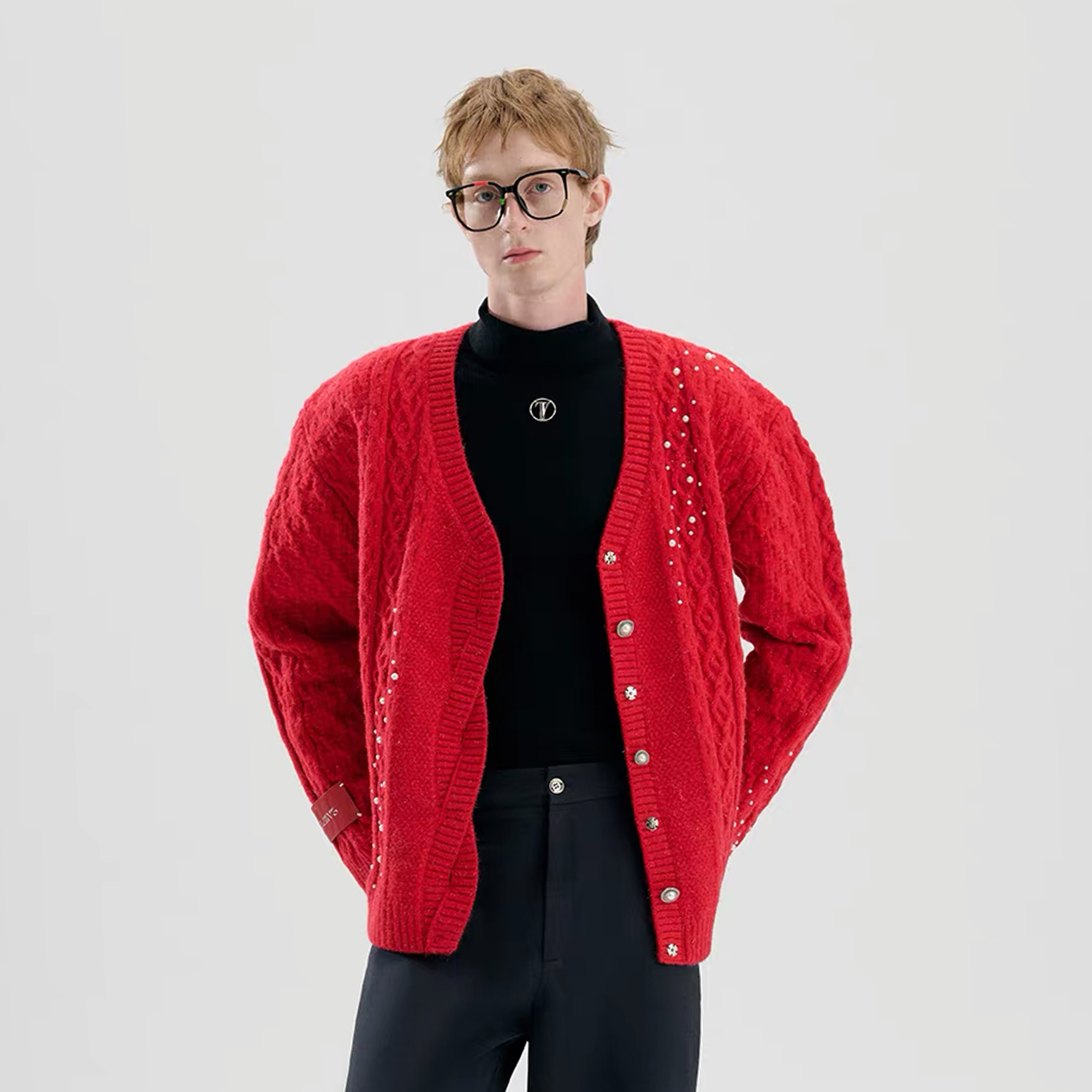 TIWILLTANG Pearl-Embellished Cable Knit Cardigan