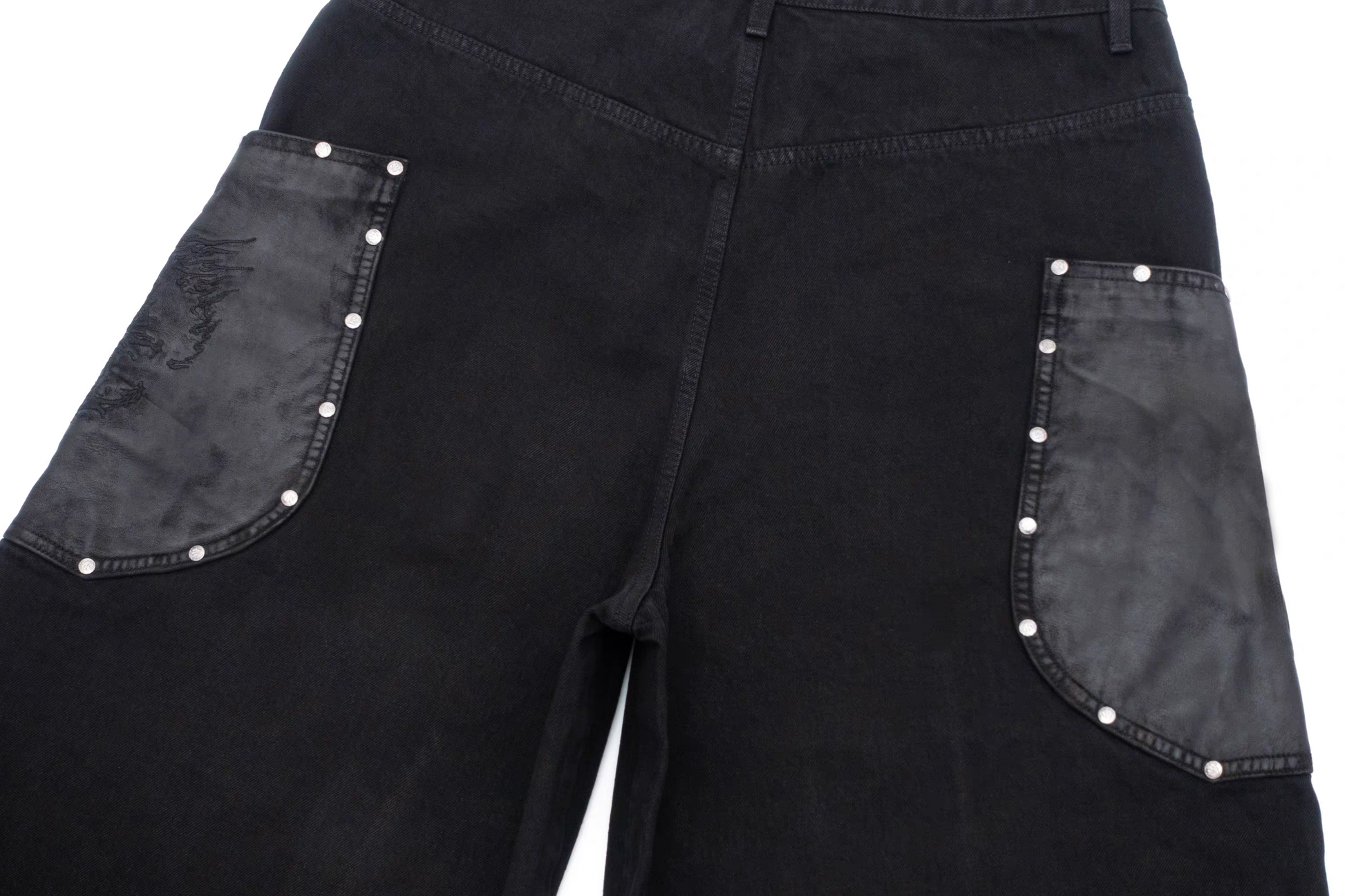 IN EXISTENCE Washed Rivet-Trim Patch Denim Shorts-Shorts-S (1)-Free Shipping Leatheretro