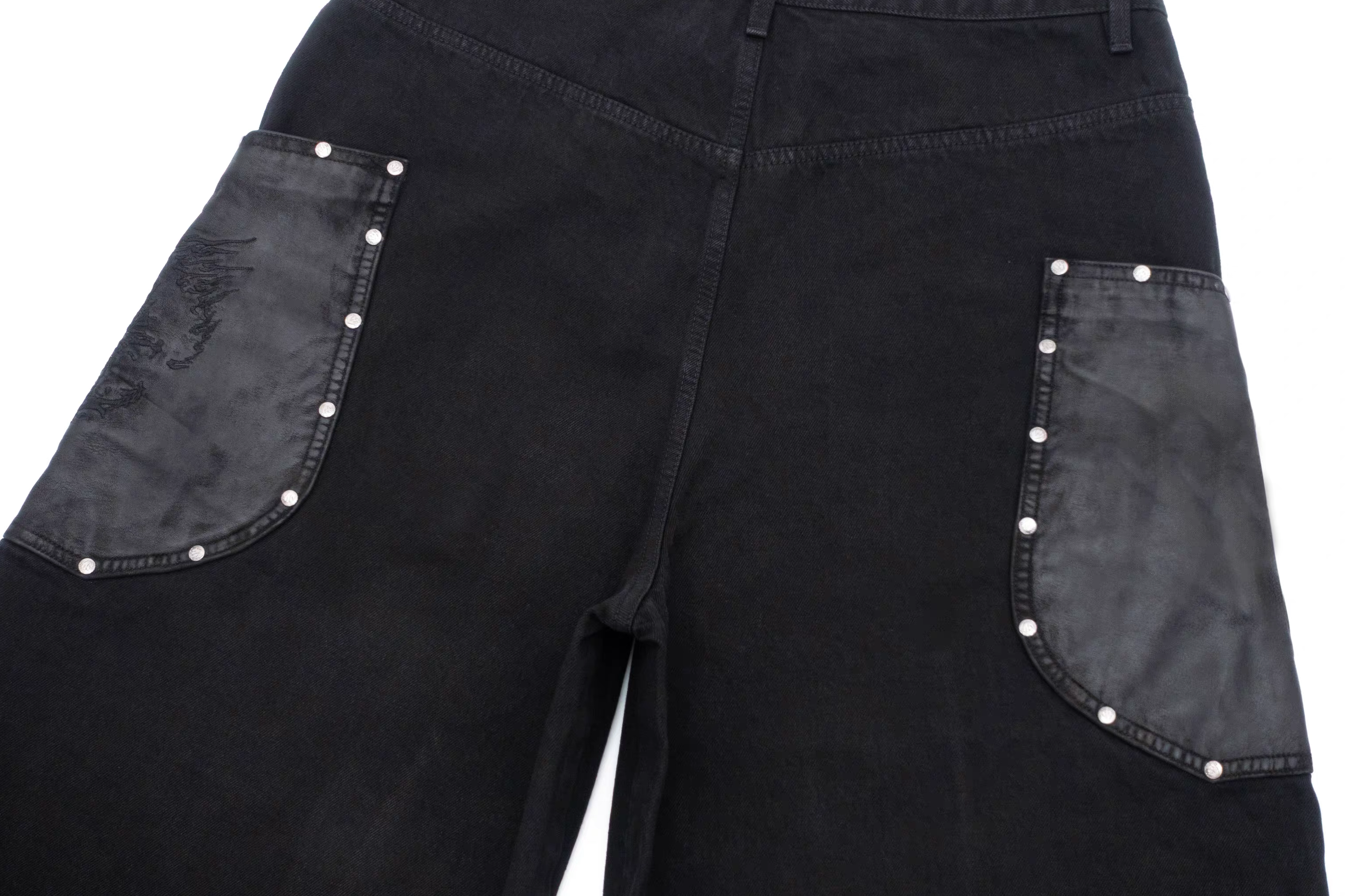 IN EXISTENCE Washed Rivet-Trim Patch Denim Shorts-Shorts-S (1)-Free Shipping Leatheretro