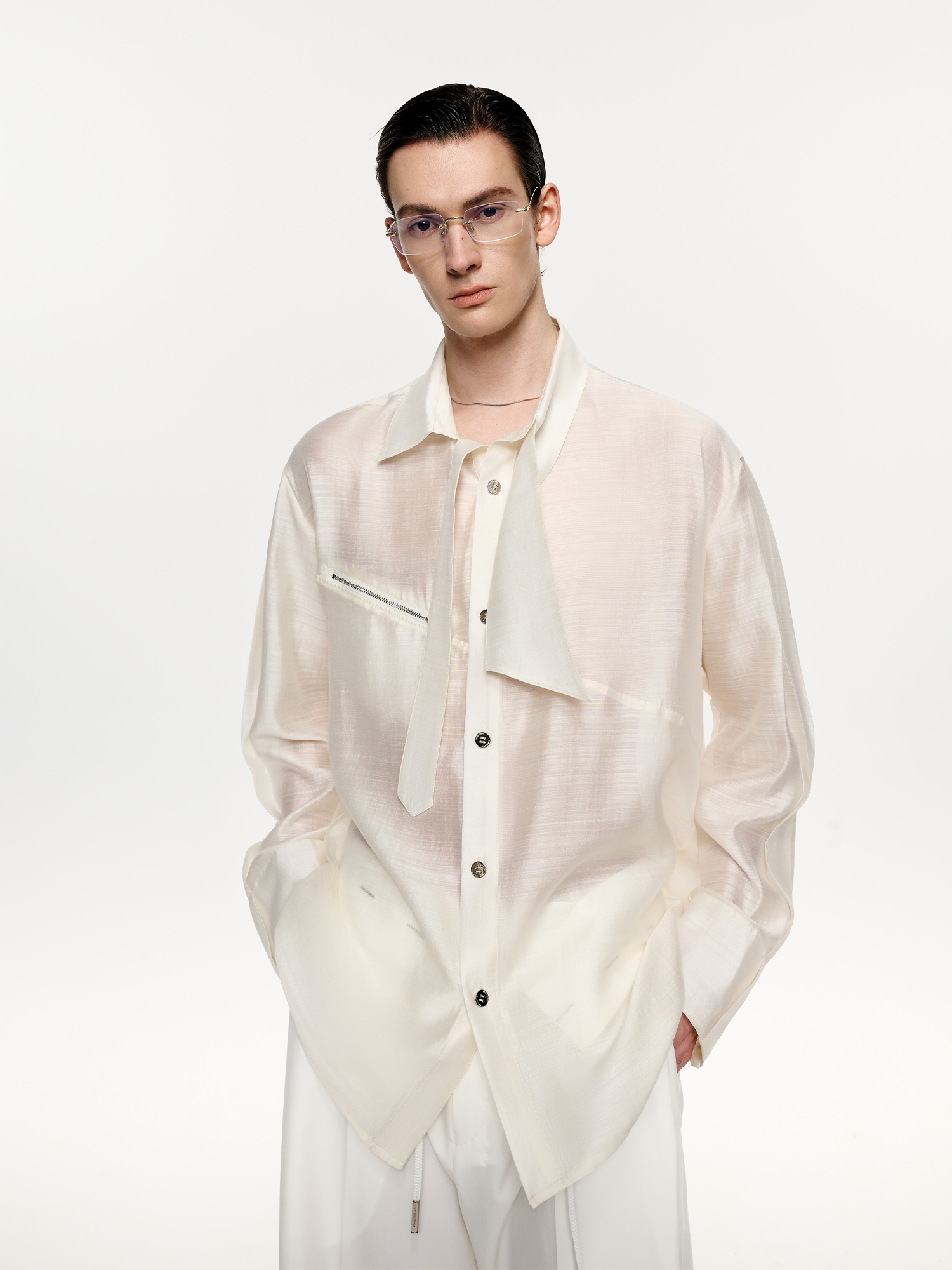 TIWILLTANG Structured Zip-Tie Tencel Shirt-Shirt-S-White-Free Shipping Leatheretro