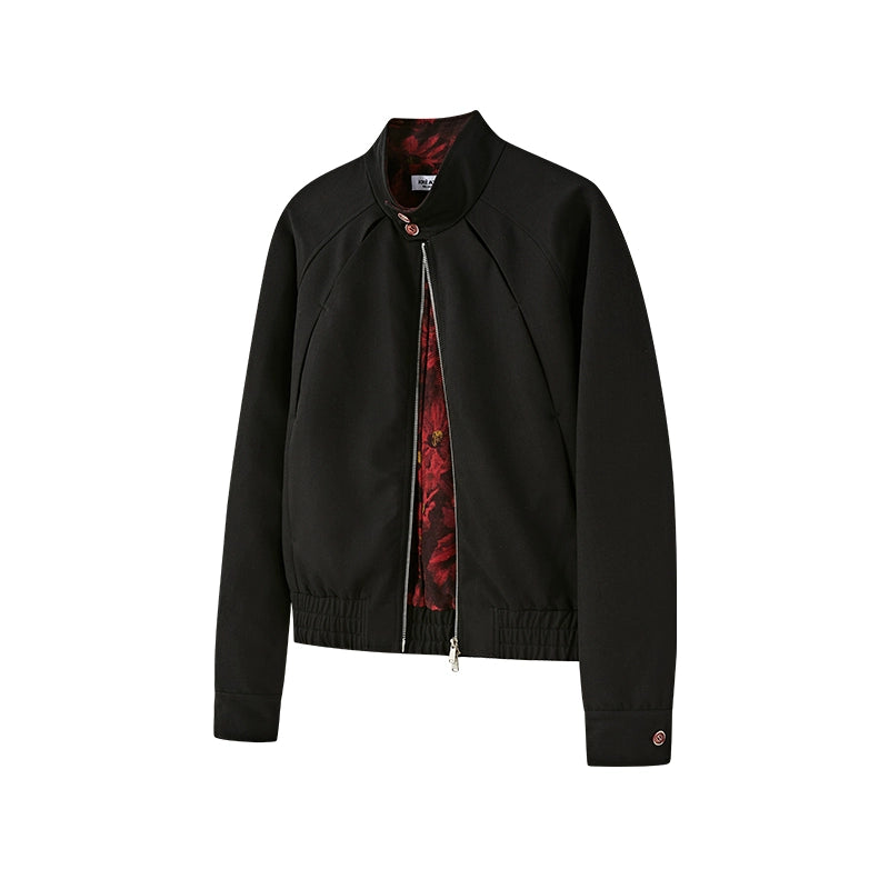 KREATE Harrington Collar Jacket with Segmented Oil Painting Lining-Top-Black-S-Free Shipping Leatheretro