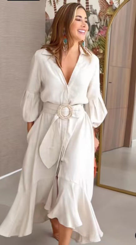 Fashion Long Sleeves Dresses with Pocket-Dresses-White-S-Free Shipping Leatheretro