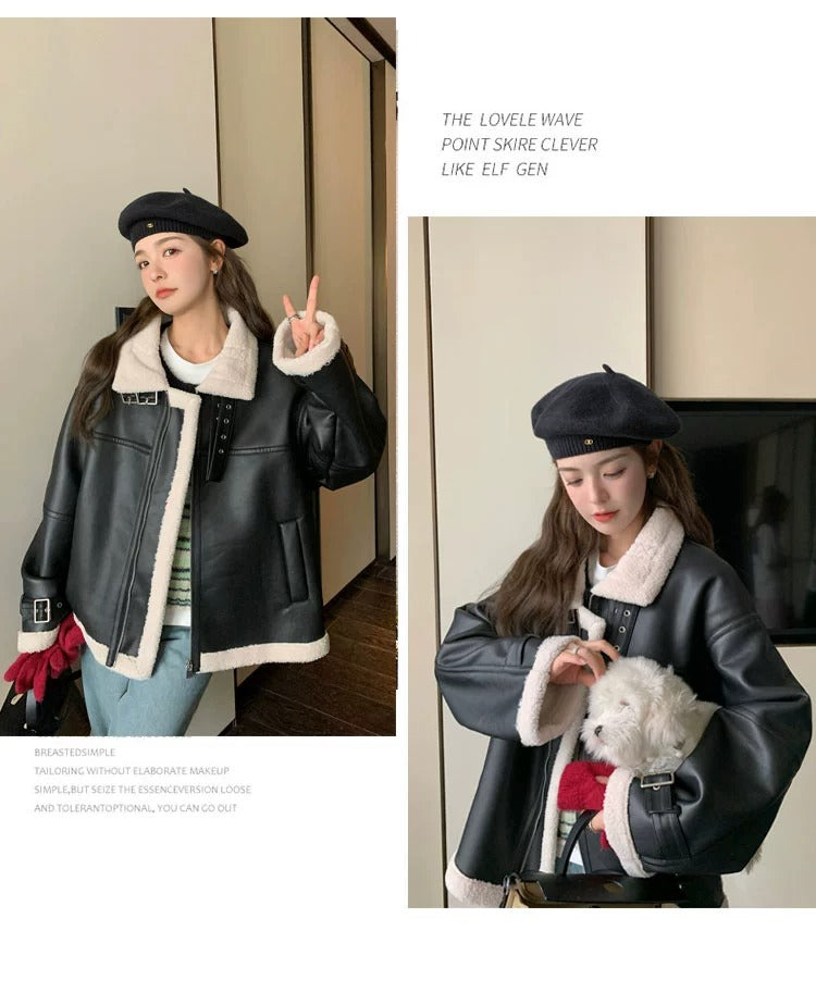 Winter Leather with Fur Women Jacket Coats-Coats & Jackets-Black-S-Free Shipping Leatheretro