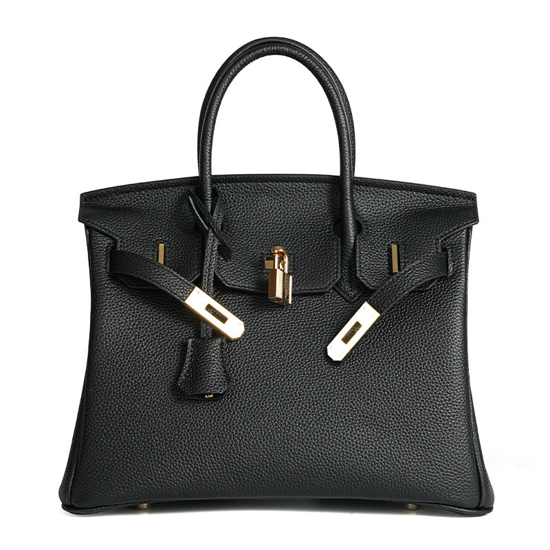 Luxury Genuine Top Grain Pebbled Leather Women's Handbag with Lock Closure-Handbags-elephant gray-35CM-Free Shipping Leatheretro