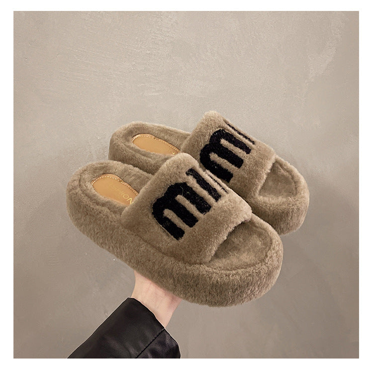 Fashion Women Winter Platform Slippers-winter slipper-Khaki-35-Free Shipping Leatheretro