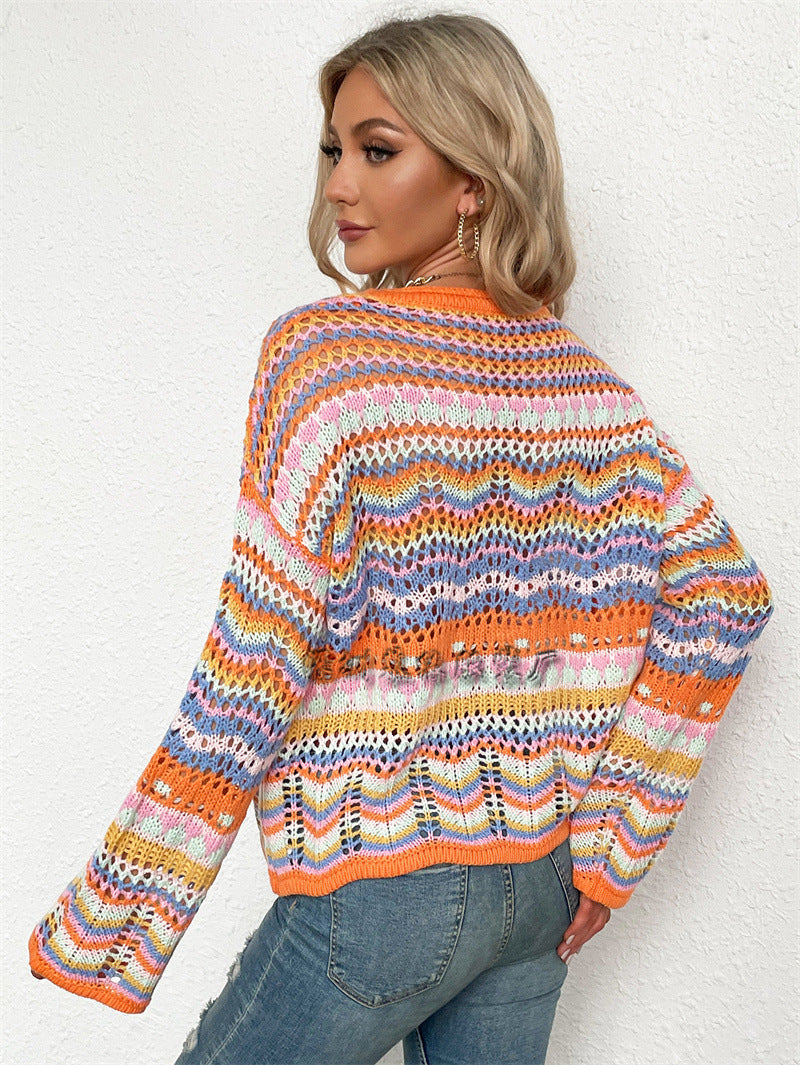 Casual Bohemian Striped Knitted Sweaters-Sweater&Hoodies-Green-S-Free Shipping Leatheretro