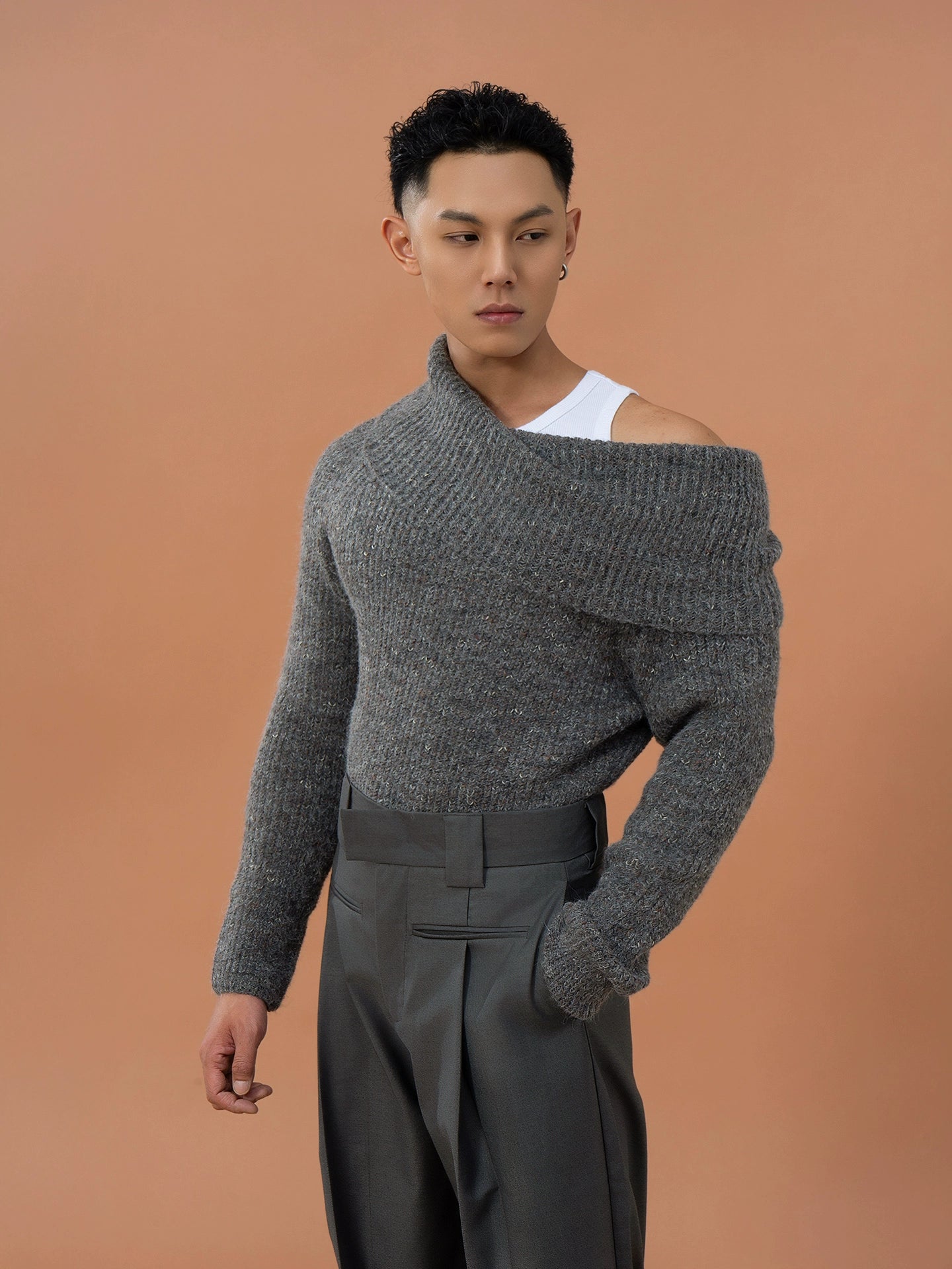 CLP Grey Off-Shoulder Wool Sweater | Relaxed Fit Ribbed Knit-Sweater-Gray-S-Free Shipping Leatheretro