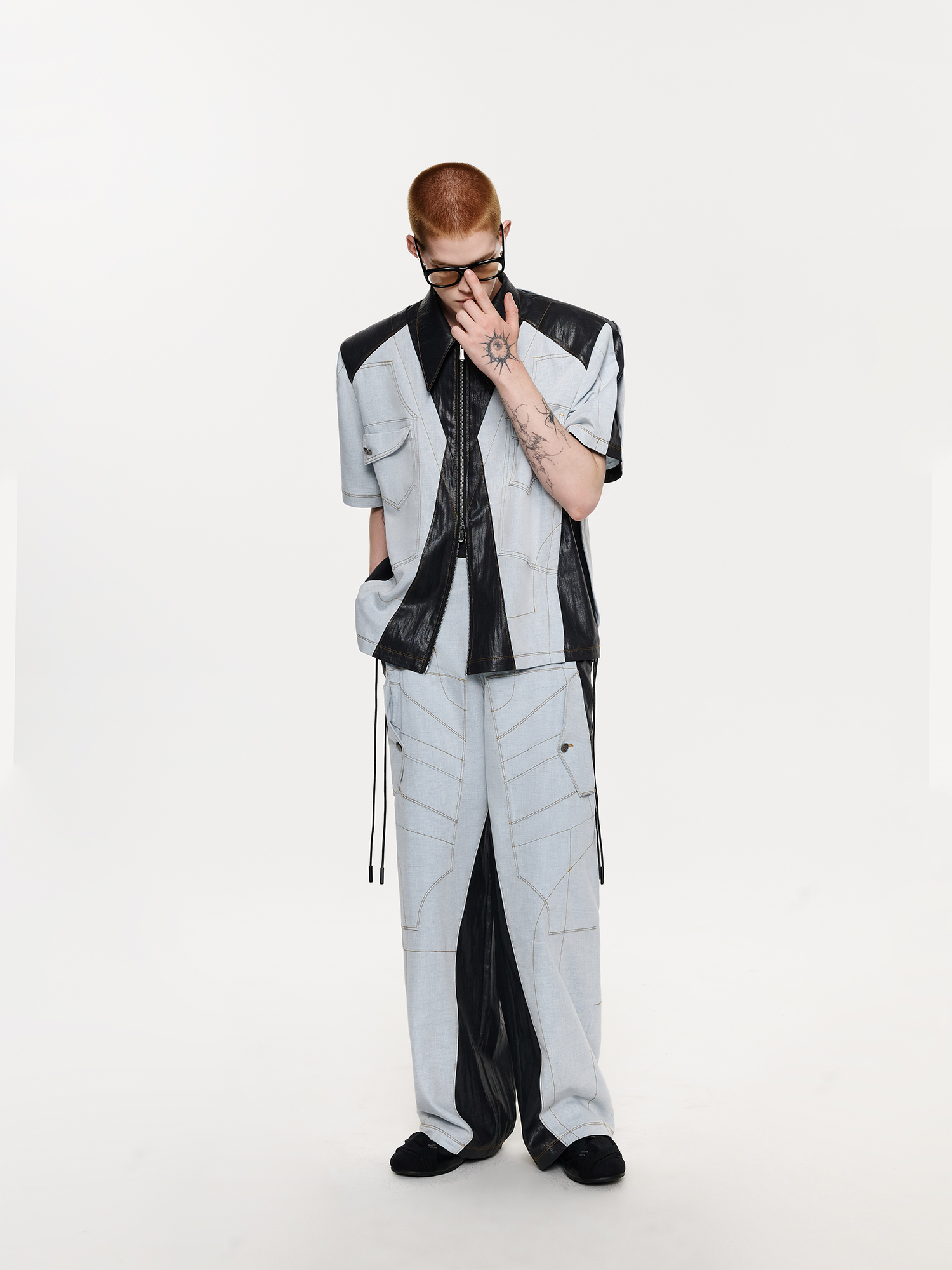 TIWILLTANG Contrast Stitch Paneled Zip-Up Half Shirt-Half shirt-S-Blue-Free Shipping Leatheretro