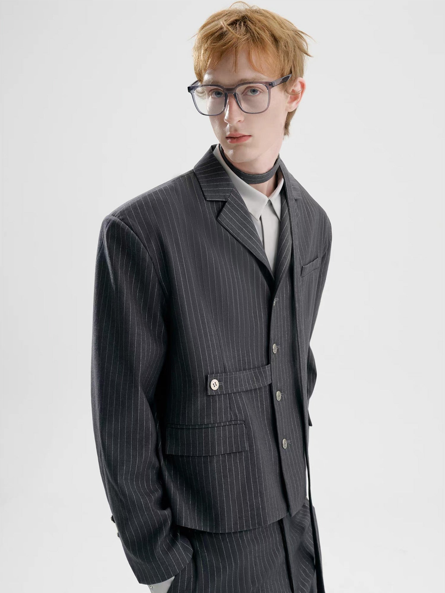 TIWILLTANG Cropped Pinstripe Strap Blazer-Jacket-S-Black-Free Shipping Leatheretro