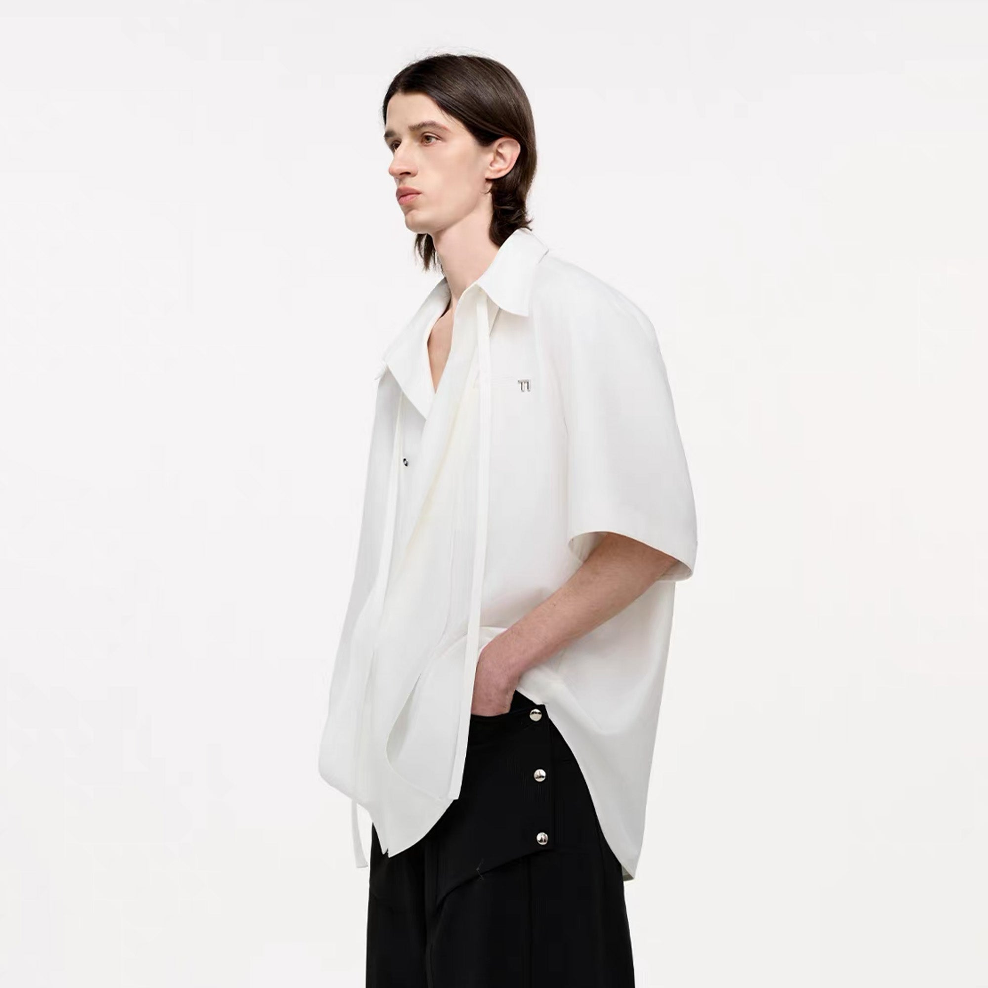 TIWILLTANG Draped Camp-Collar T Shirt-Jacket-S-Black-Free Shipping Leatheretro