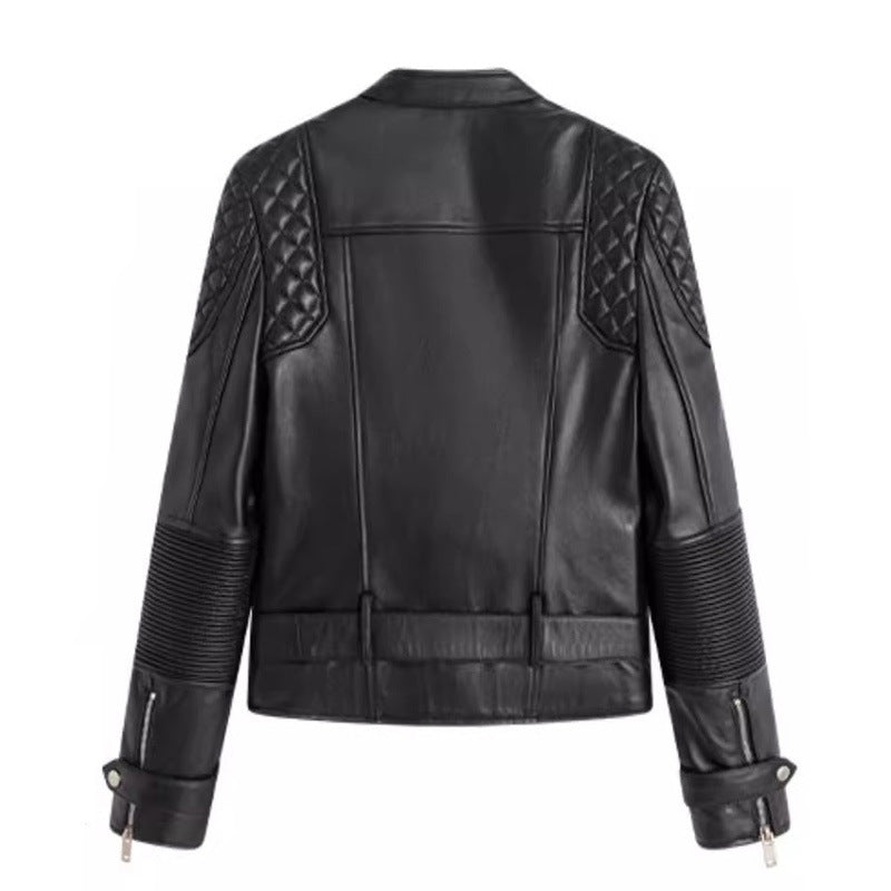 Women’s Slim-Fit Black Biker Jacket-Black without Velvet-S 40-45kg-Free Shipping Leatheretro