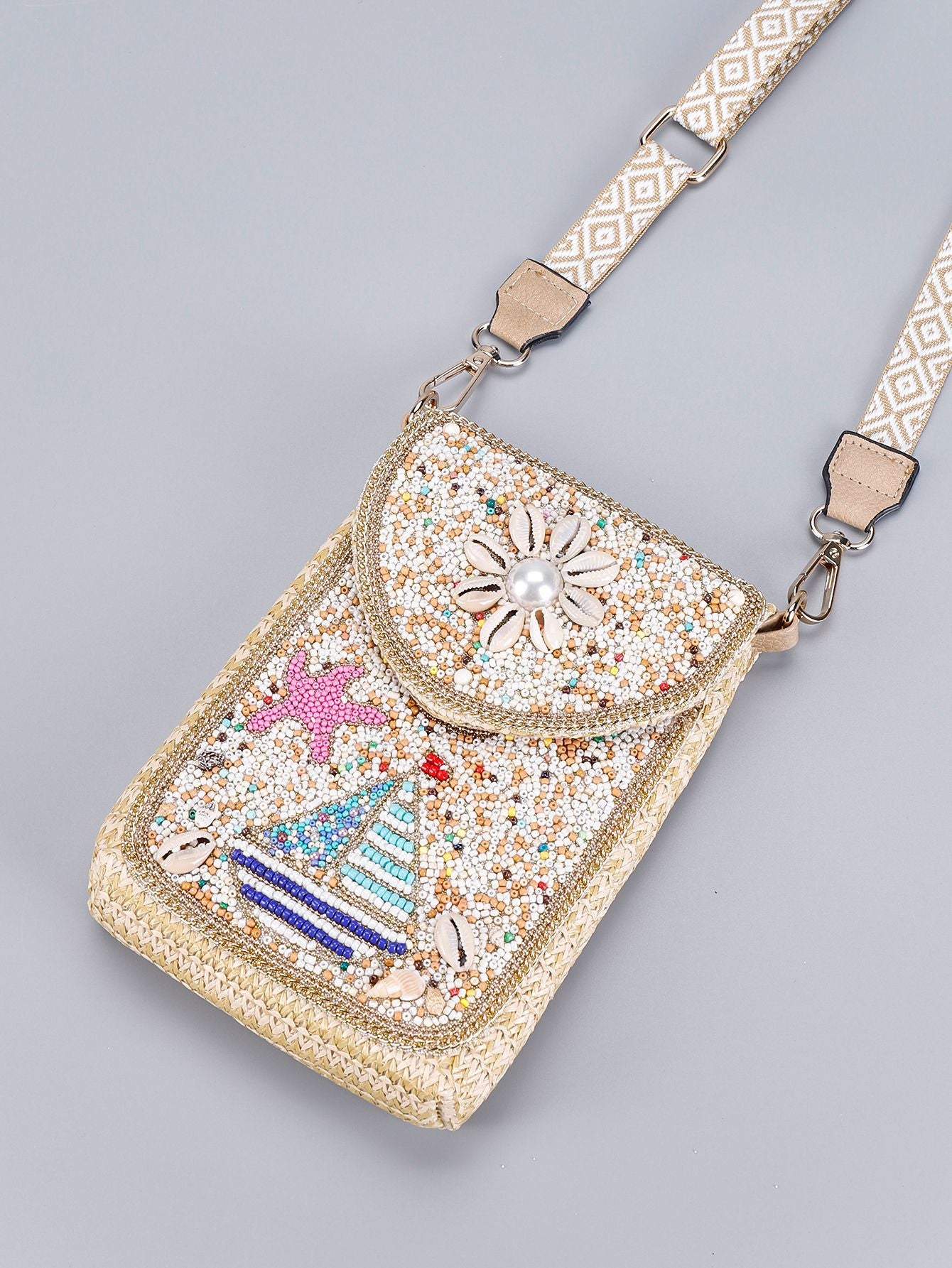 Woven Straw Crossbody Bag with Beaded Detail-1#-13*3.5*19-Free Shipping Leatheretro