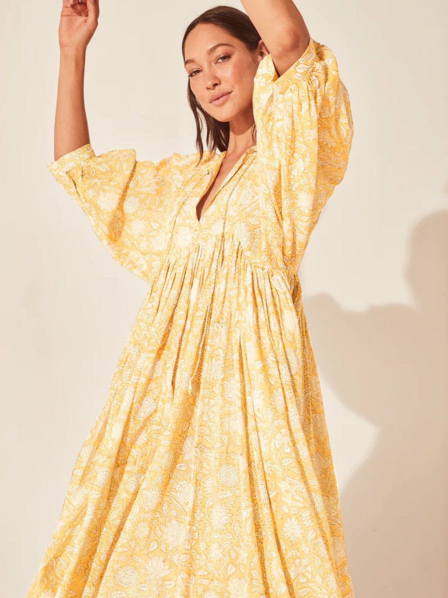 Casual Cotton Half Sleeves Long Dresses-Dresses-Yellow-S-Free Shipping Leatheretro