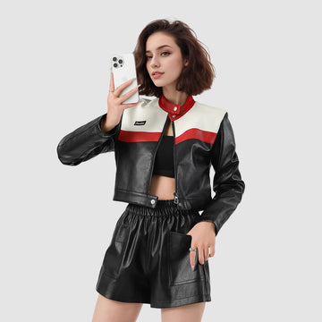 Women's Cropped Biker Jacket – Color-Block Leather Pilot Jacket-As Photo-S-Free Shipping Leatheretro