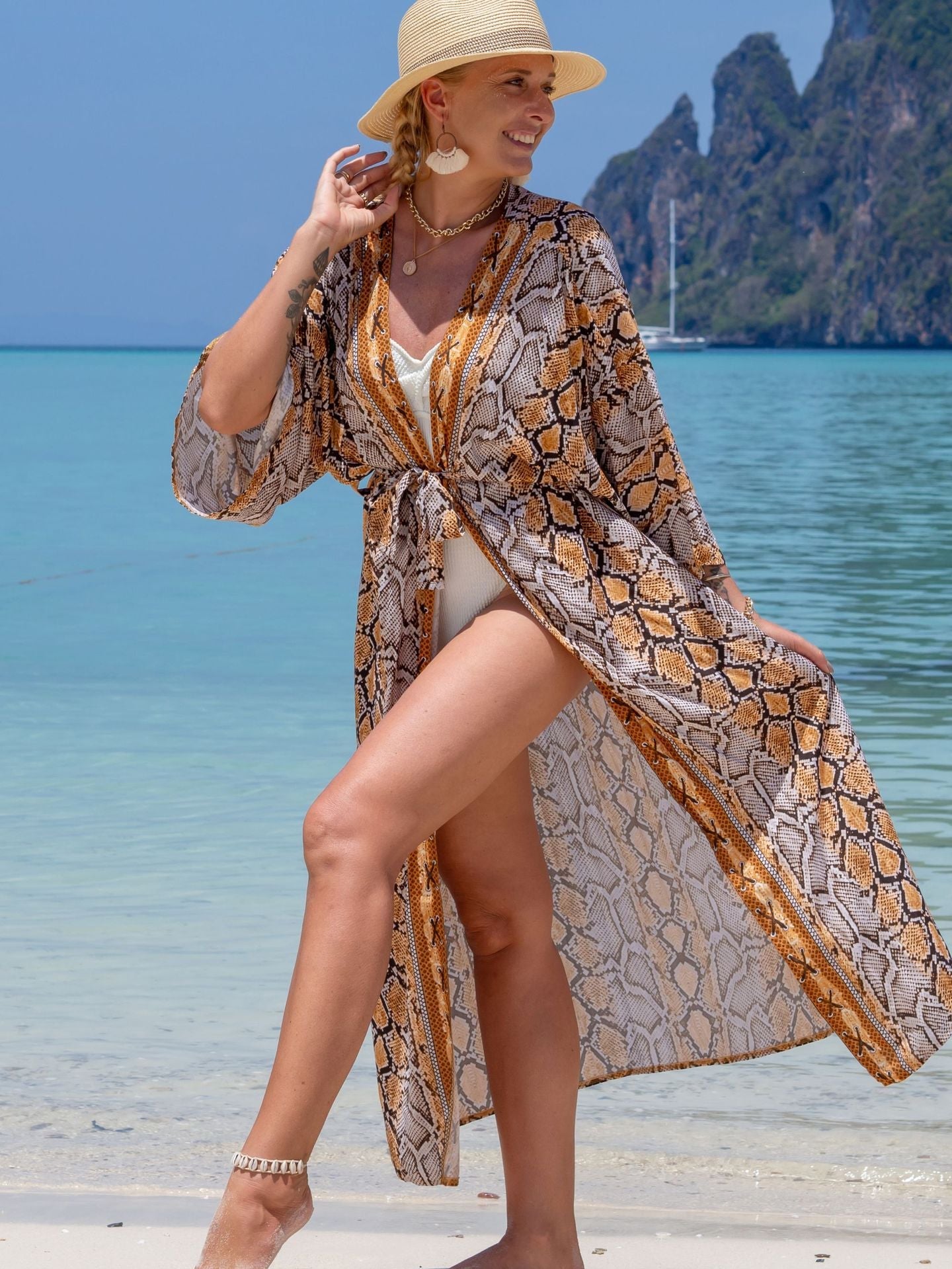 Fashion Floral Print Summer Kimono Beachwear Cover Ups-Snake-One Size-Free Shipping Leatheretro
