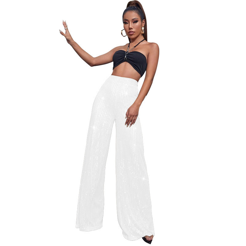 Fashion High Waist Sequin Summer Wide Legs Pants-Pants-White-S-Free Shipping Leatheretro