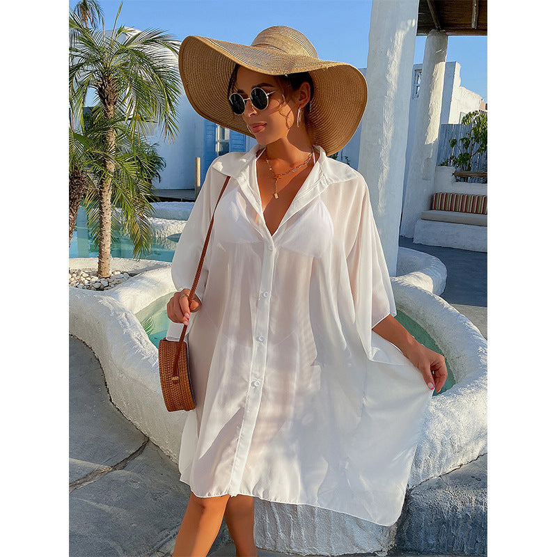 Summer Leisure Shirts Bikini Beach Cover Ups-Swimwear-White-S-Free Shipping Leatheretro