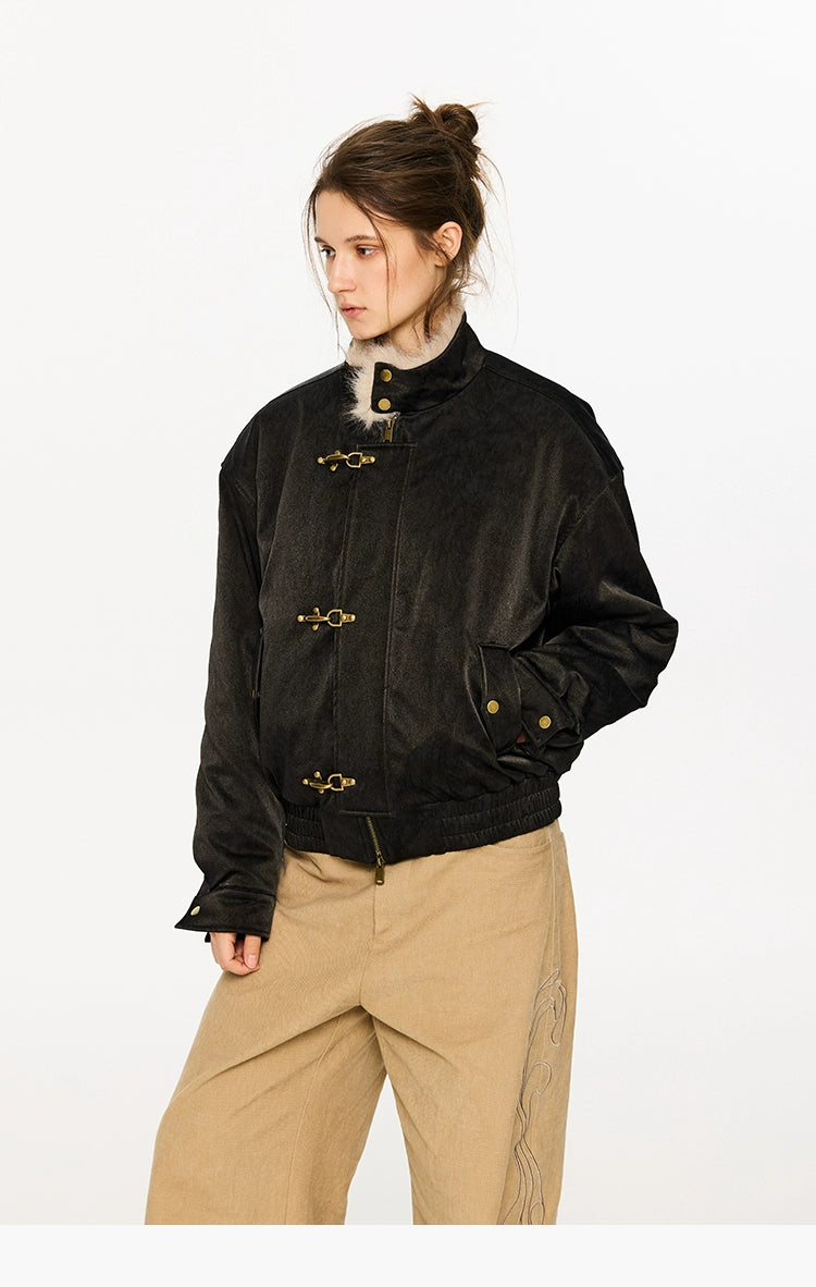 KREATE Harrington-Style PU Leather Jacket with Long Fur Collar-Ivory-S-Free Shipping Leatheretro