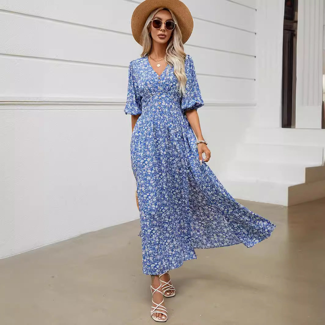 Casual V Neck Summer Bohemia Beach Dresses-Dresses-Blue-S-Free Shipping Leatheretro