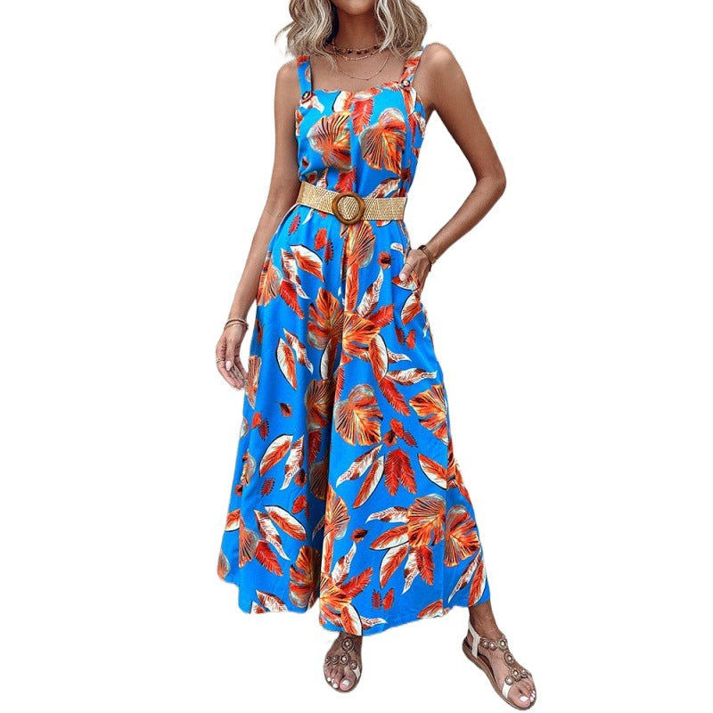 Fashion Floral Print Summer Jumpsuits with Belt-suits-Blue-S-Free Shipping Leatheretro